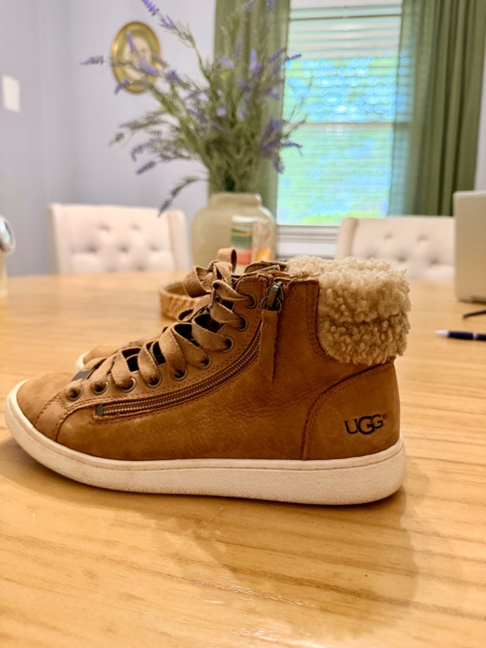 UGG Brown Shearling-Trim High-Top Bootie With Side Zip